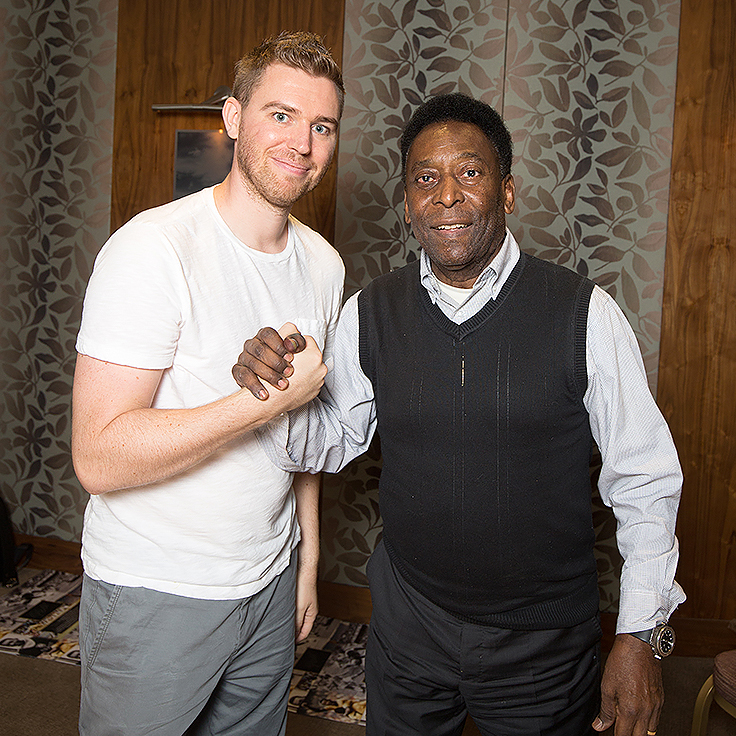 Chris Jinks alongside football legend Pelé at an exclusive private signing session, ensuring authenticity for collectors worldwide.