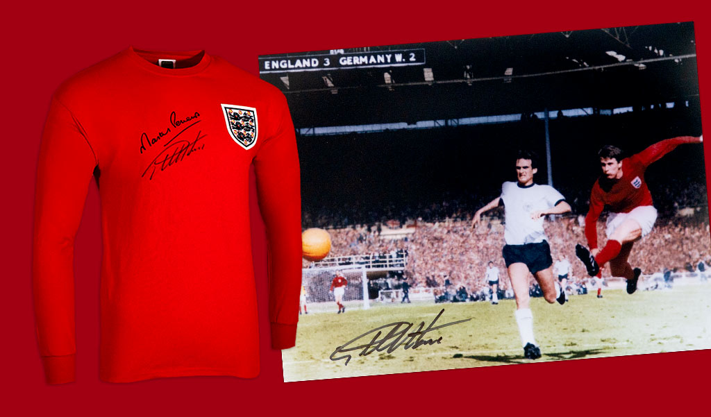 Geoff Hurst Signed England Memorabilia: Dual Signed England Shirt with Martin Peters & 1966 World Cup Fourth Goal Signed Photo