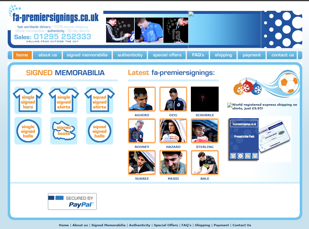 Archived screenshot of FA Premier Signings website used to sell fake Wayne Rooney autographs and counterfeit football memorabilia