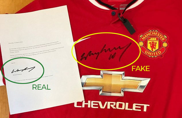Side-by-side comparison of authentic Wayne Rooney signature on letter and fake signature on counterfeit football shirt