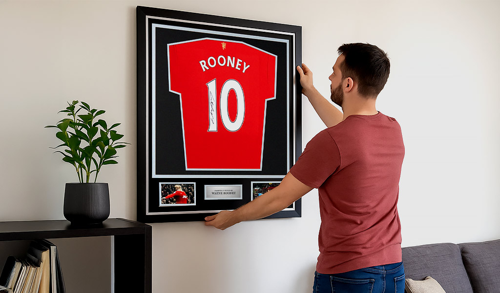 Displaying framed signed football shirt on the wall