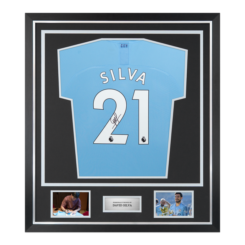 Framed David Silva Signed Manchester City Shirt: 2019-20, Number 21 - Premium