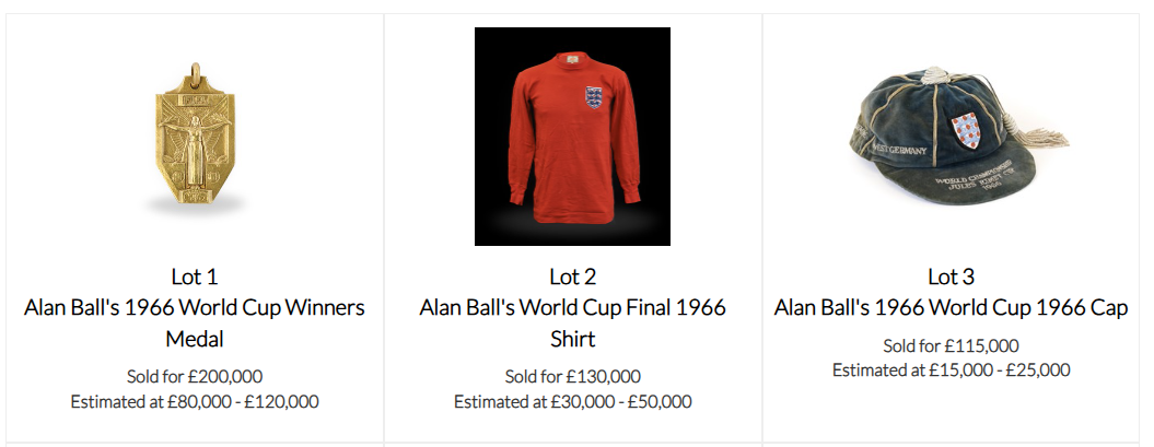 Screenshot of Alan Ball's 1966 World Cup Winners medal sold which for £200,00, 1966 World Cup Final shirt sold for £130,000 and 1966 World Cup England Cap sold for £115,000 at auction.