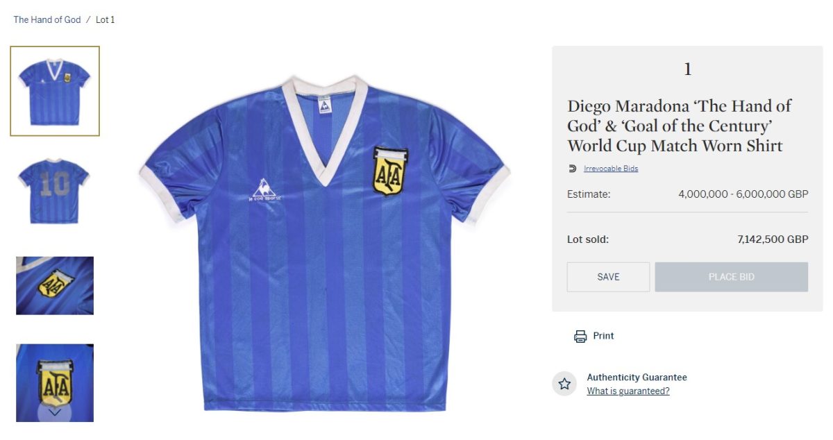 Diego Maradona’s 1986 “Hand of God” Shirt sold at Sotheby’s in 2022 for £7,142,500 ($9.28 million)