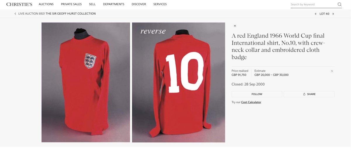 Screenshot of the sale price of Geoff Hurst’s 1966 World Cup Final Shirt - £91,750 in 2000.