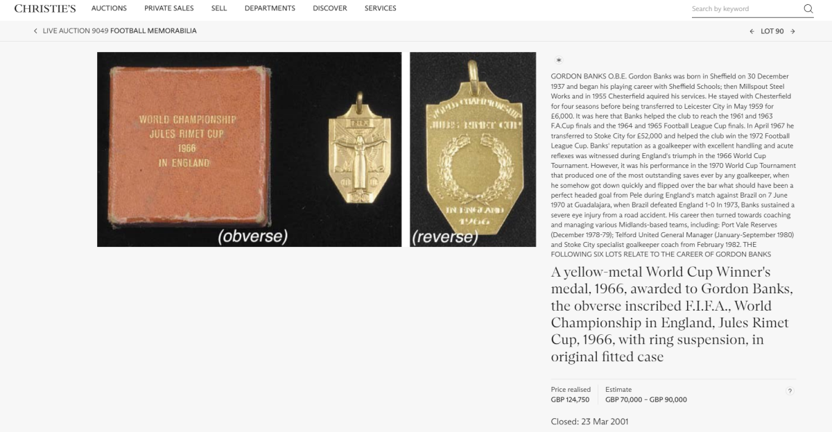 Screenshot of the sale price (£125,000) of Gordon Banks’ 1966 World Cup Winners’ Medal from Christie's website.