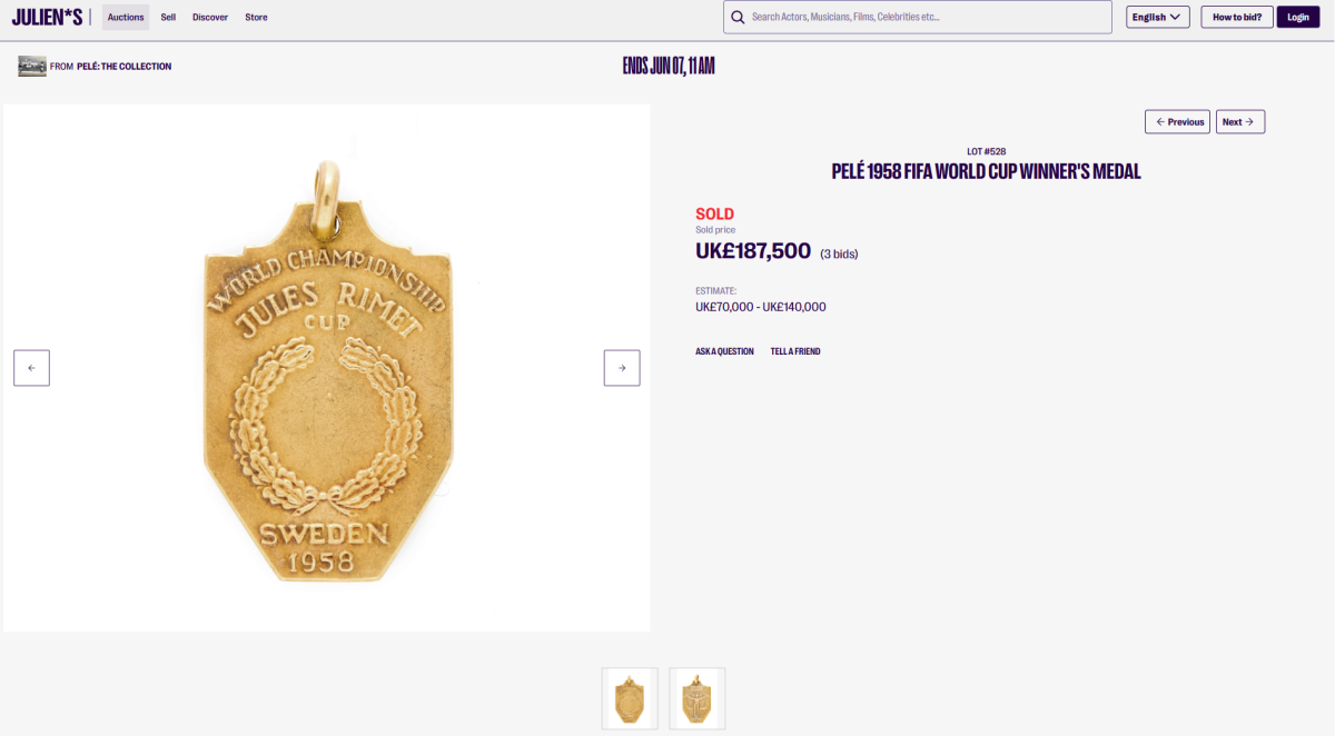 Screenshot of the final price of Pelé’s 1958 World Cup Winners’ Medal, a huge £187,500.