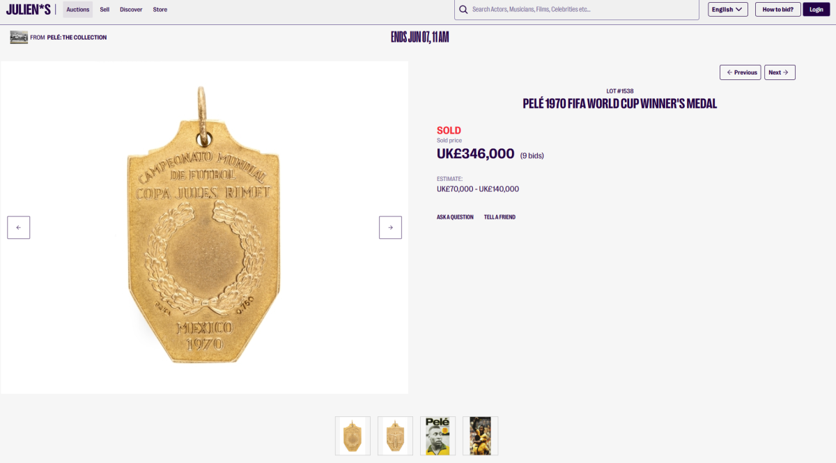 Screenshot of the hammer price of Pelé’s 1970 World Cup Winners’ Medal, a staggering £346,000.