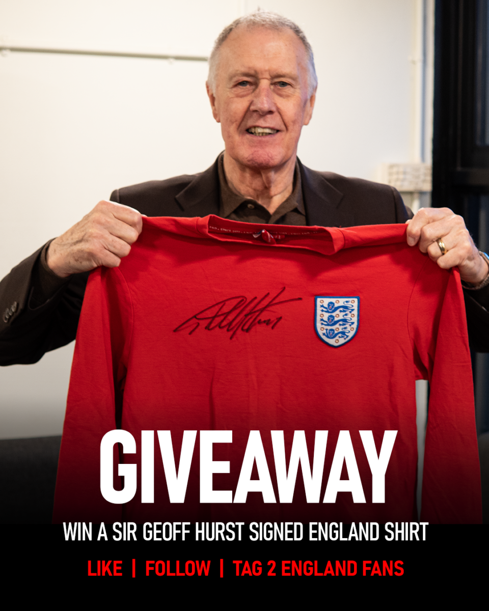 Sir Geoff Hurst holding a signed England shirt as part of a giveaway competition. Win a signed Sir Geoff Hurst England shirt from X Memorabilia. Authentic Geoff Hurst memorabilia and signed England shirts.