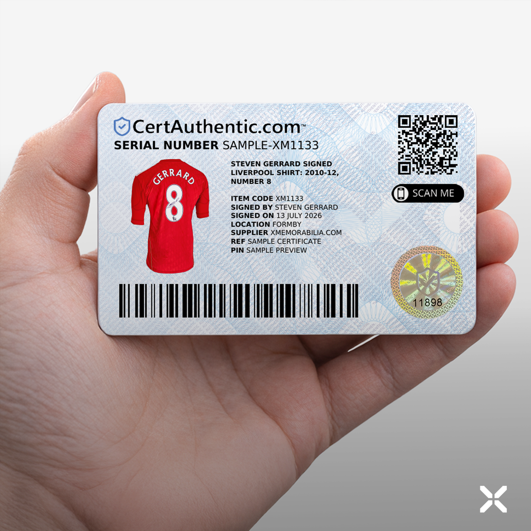 Example CertAuthentic™ Certificate of Authenticity for a signed Steven Gerrard Liverpool shirt.